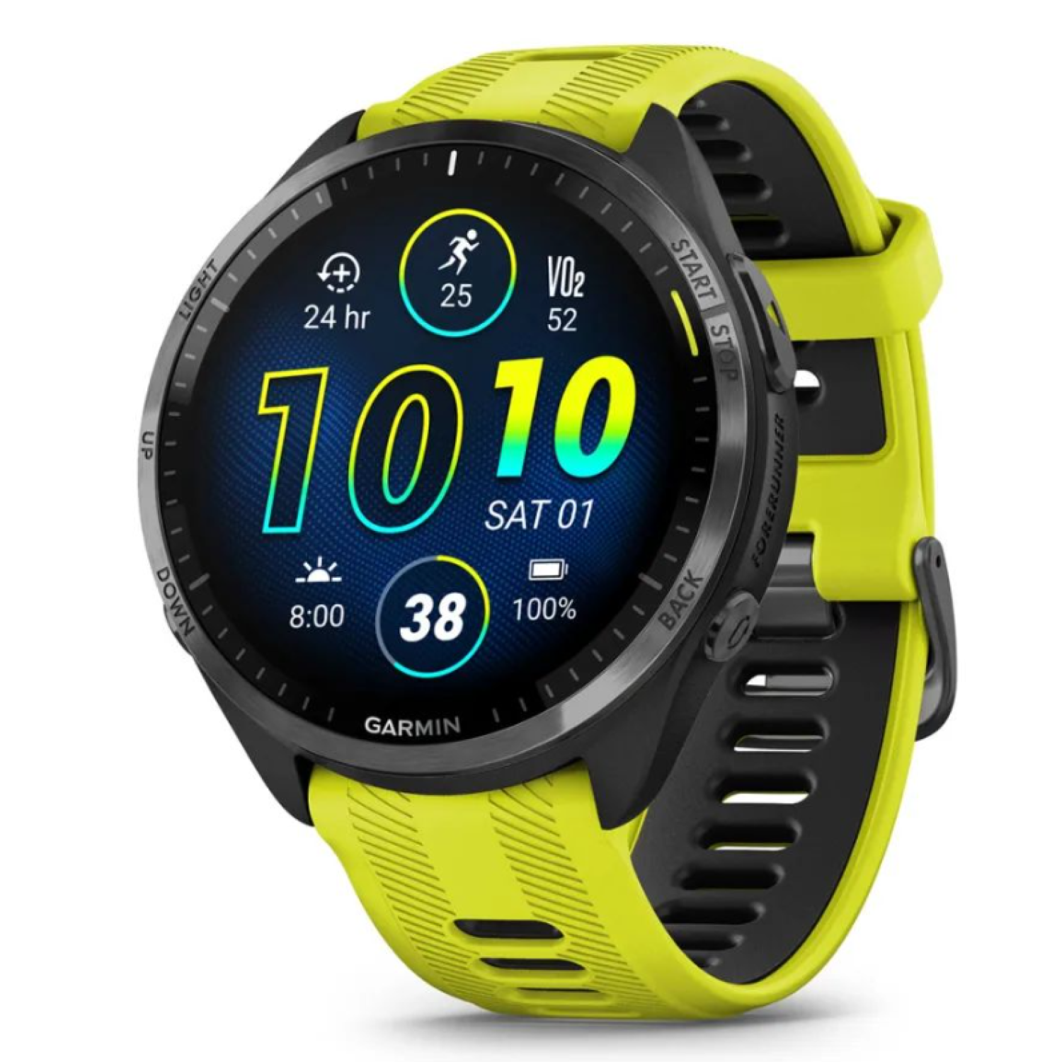 Garmin Forerunner 965 салатовые, темно-серый DLC титановый безель, с желто-черным ремешком class=