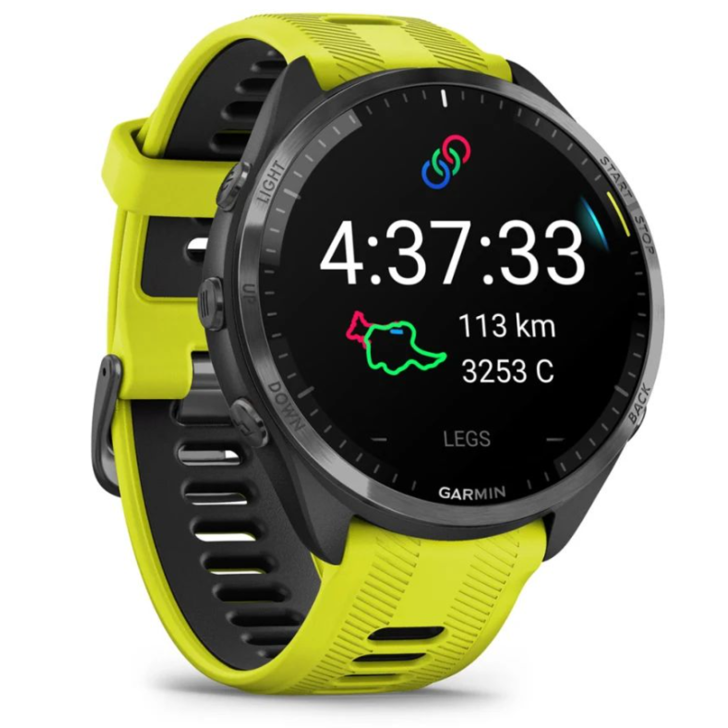 Garmin Forerunner 965 салатовые, темно-серый DLC титановый безель, с желто-черным ремешком