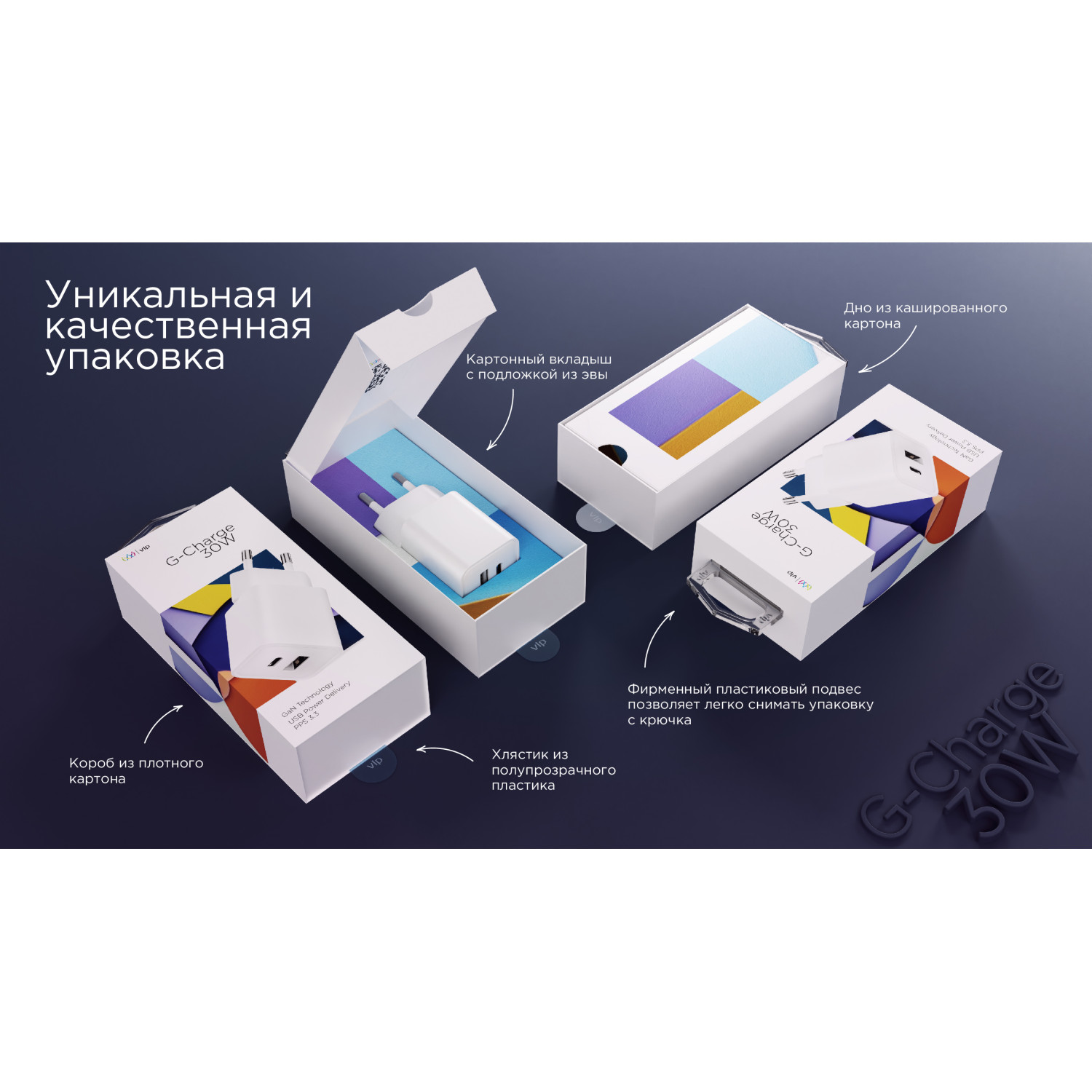 Сетевое зарядное устройство "vlp" G-Charge 30Вт USB-C+USB-A, PD, QC, белый