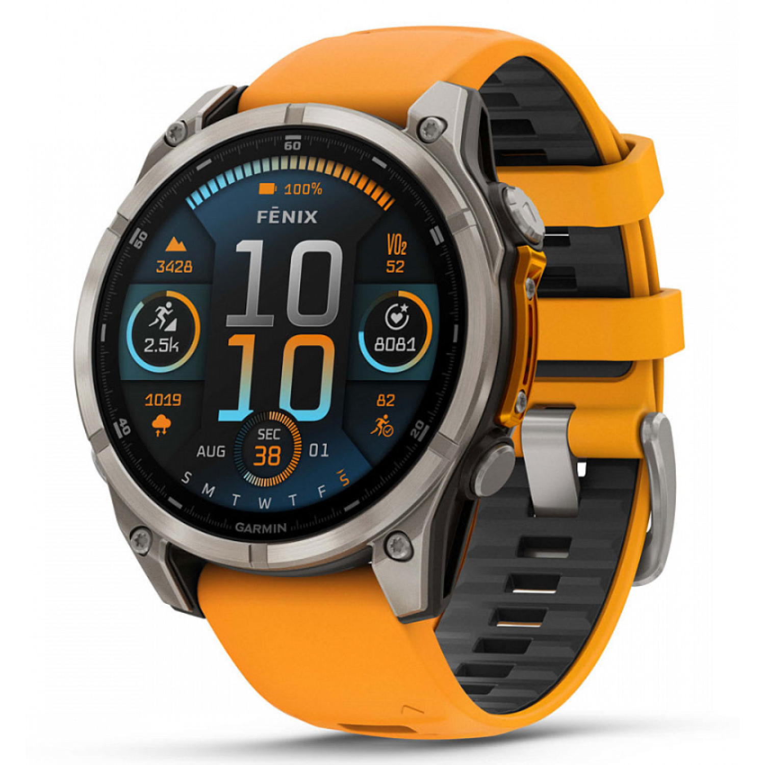 Garmin Fenix 8 - 47 мм, AMOLED, Sapphire Titanium, светло-серый, оранжевый силиконовый ремешок class=