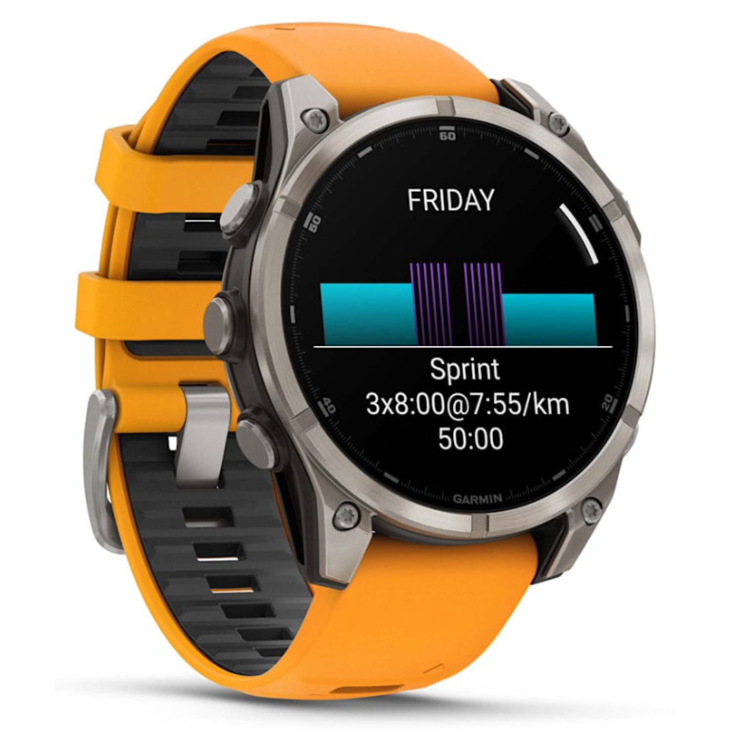 Garmin Fenix 8 - 47 мм, AMOLED, Sapphire Titanium, светло-серый, оранжевый силиконовый ремешок