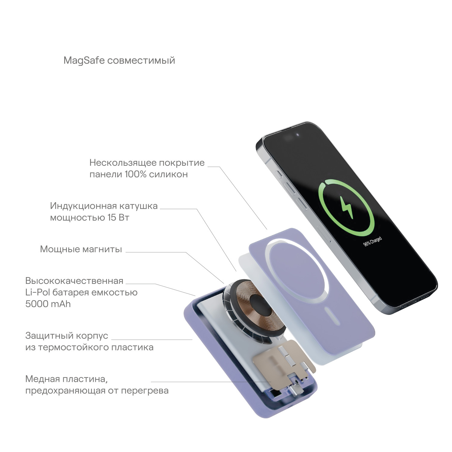 Внешний аккумулятор uBear Flow Magnetic Power bank 5000mAh, Лавандовый
